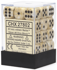 Chessex Dice: 12mm D6 36ct Marble Ivory Black CHX27802